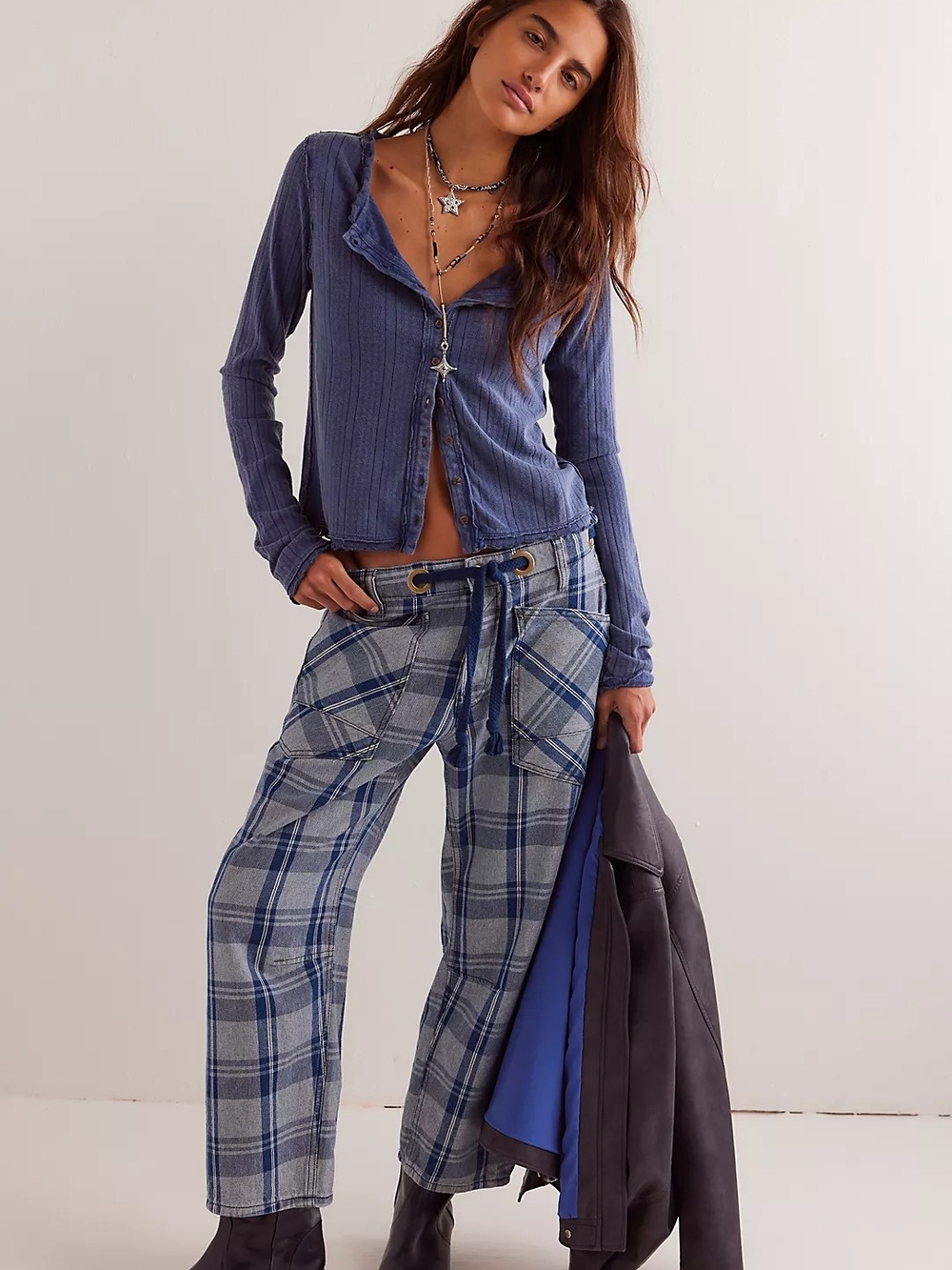 We The Free Moxie Plaid Pull-On Barrel Jeans by Free People.